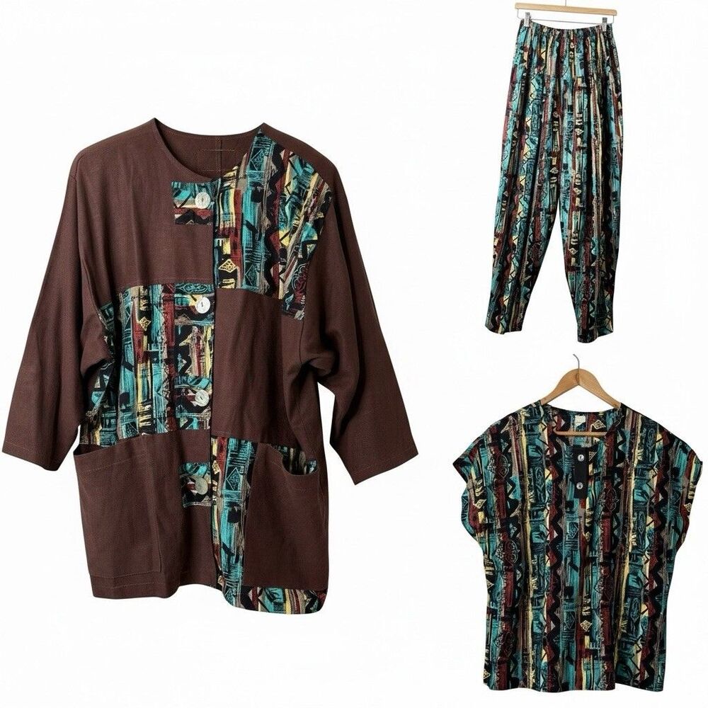 VTG Fixsun Casual 3 Pc Abstract Wearable Art Hammer Pant Set Boho Lagenlook Sz L